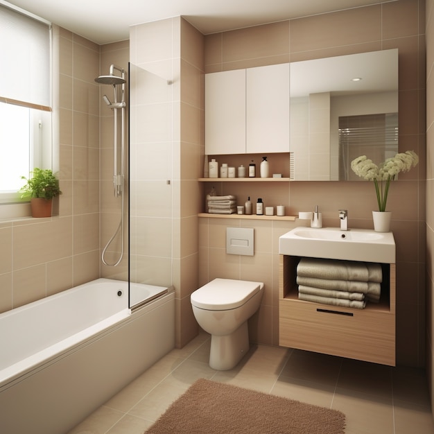 Бесплатное фото Маленькая ванная комната в современном стиле с мебелью