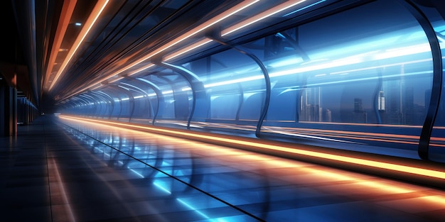 Free photo a modern subway station lit up with lines of light and metal stairs