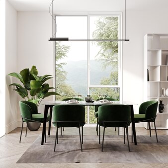 Modern white living and dining room with forest view 3d rendering