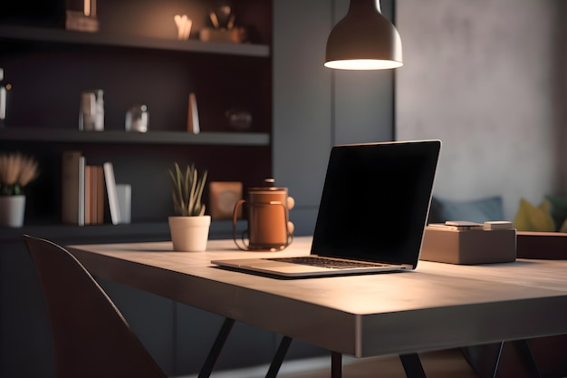 Free photo modern workplace with laptop on table in office mockup for design
