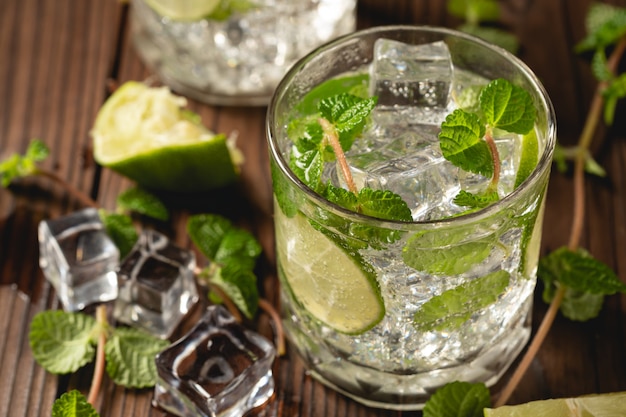 Mojito cocktail on wooden table.