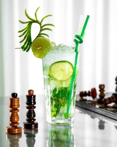 Mojito glass garnished with lime and zest