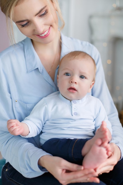 mom and cute baby indoor