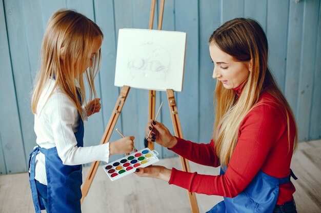 Mom and daughter are drawing