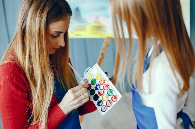 Mom and daughter are drawing