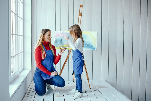 Mom and daughter are drawing