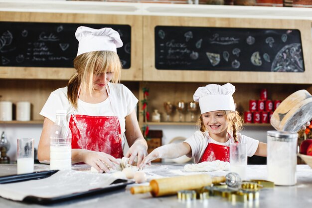 Mom and daughter in the same clothes have fun preparing a dough on a cosy kitchen