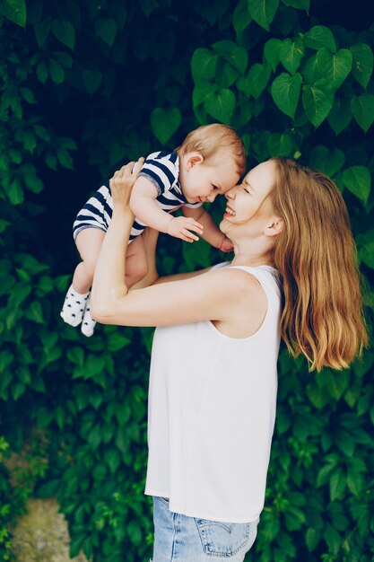 Mom and son relax in the park.