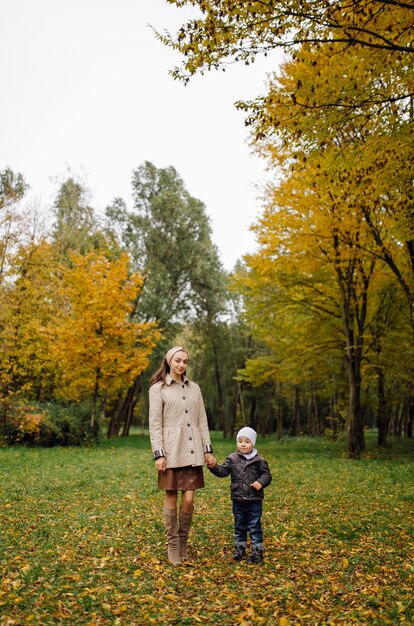 秋の公園で一緒に歩いて楽しんでいるママと息子。