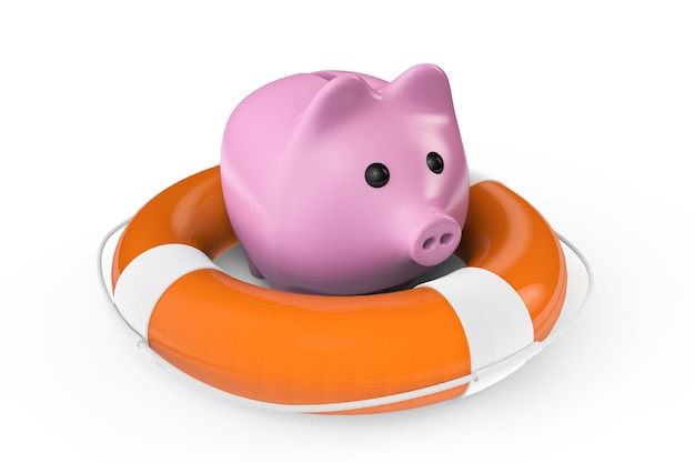 Money save concept. piggy bank with the lifebuoy on a white background