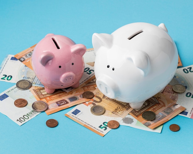 Free photo money with piggy banks arrangement