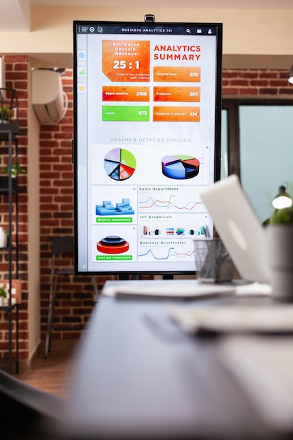 Monitor with management graph on it standing in empty startup company office during business meeting ready for financial work. Workplace with modern furniture. Concept of corporation job