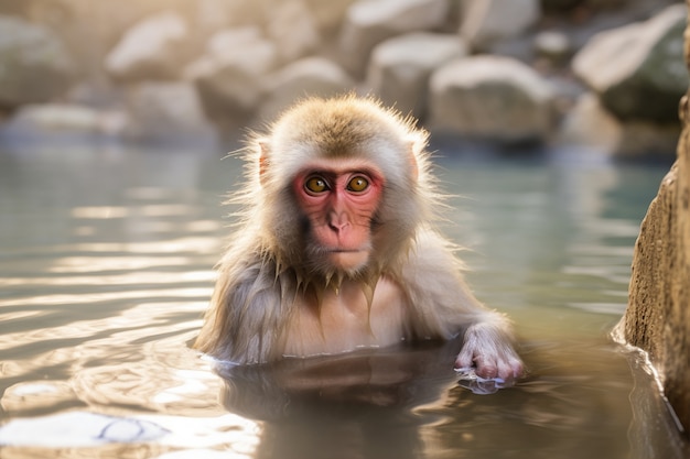 Foto gratuita scimmia che fa il bagno nel fiume