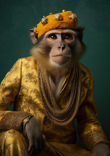 Monkey wearing fancy clothes in studio