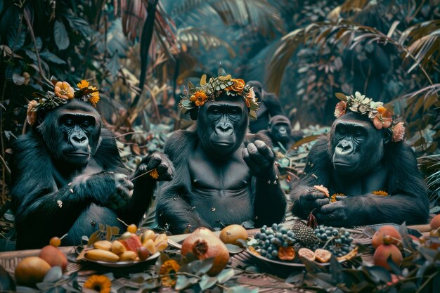 Monkeys enjoying picnic in a fantasy world