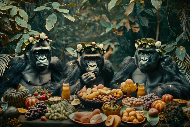 Monkeys enjoying picnic in a fantasy world