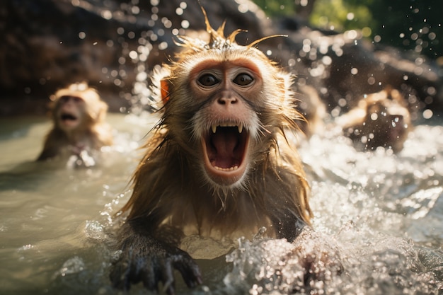 Foto gratuita scimmie che fanno il bagno nel fiume