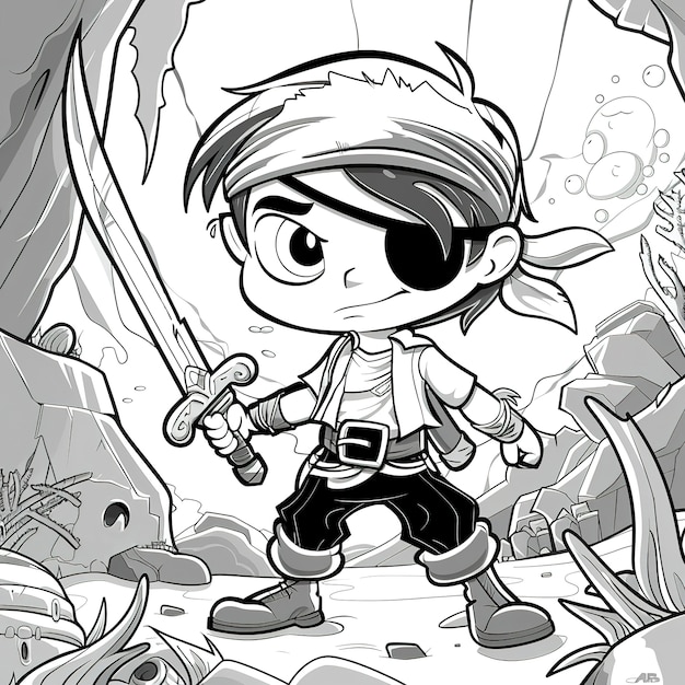 Free photo monochrome coloring page with pirates in line art style