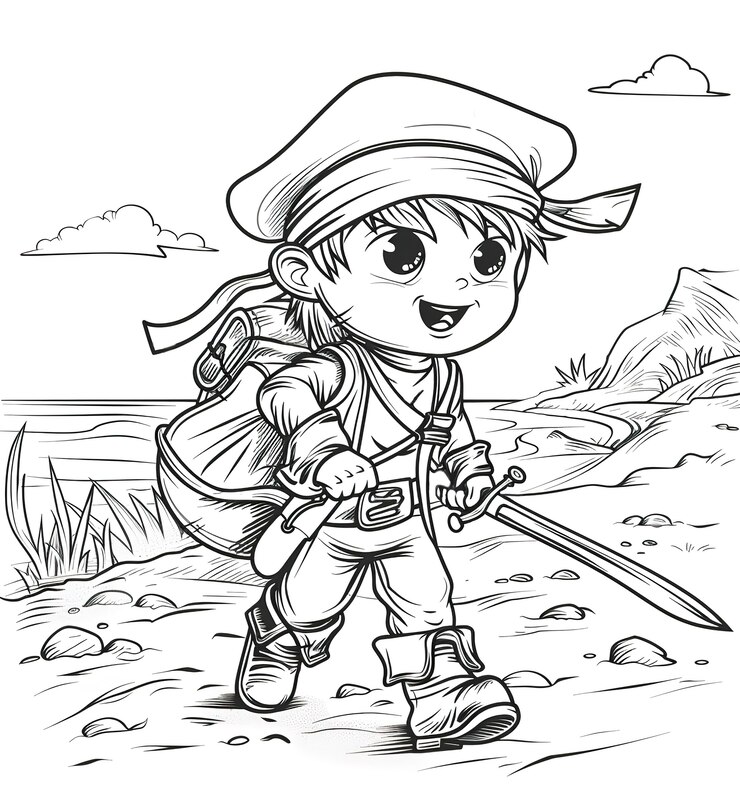 Free Photo monochrome coloring page with pirates in line art style