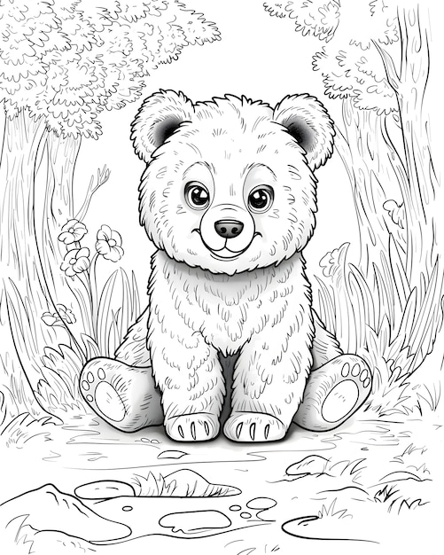 モノクロム・ライン・アート・ベアのカラーページイラスト