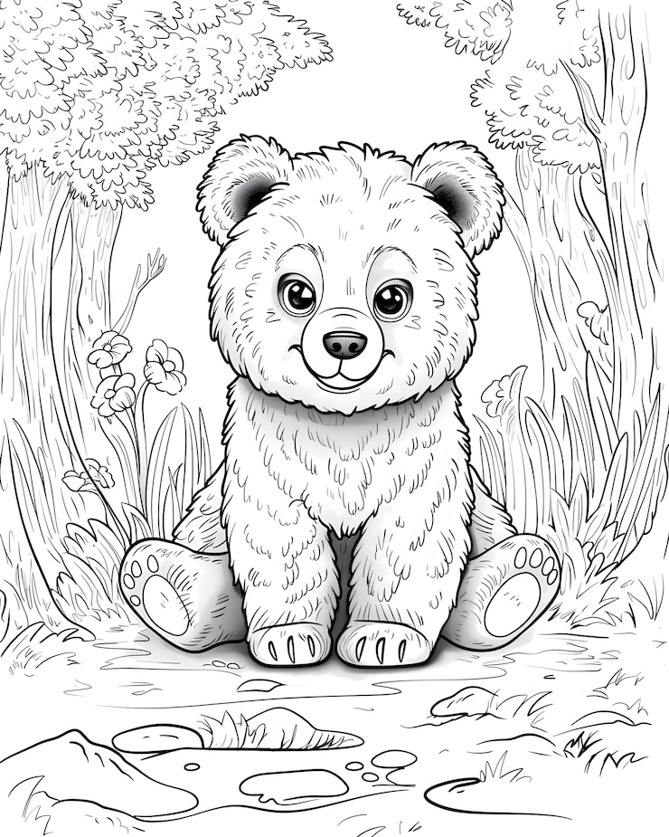 無料Photo モノクロム・ライン・アート・ベアのカラーページイラスト