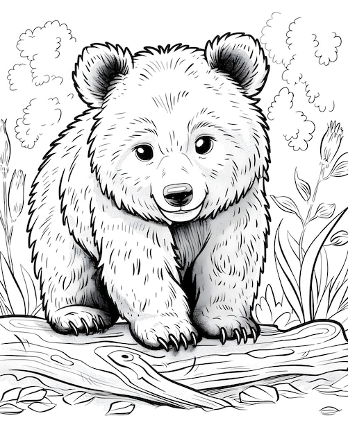 Иллюстрация на цветной странице монохромного рисунка медведя
