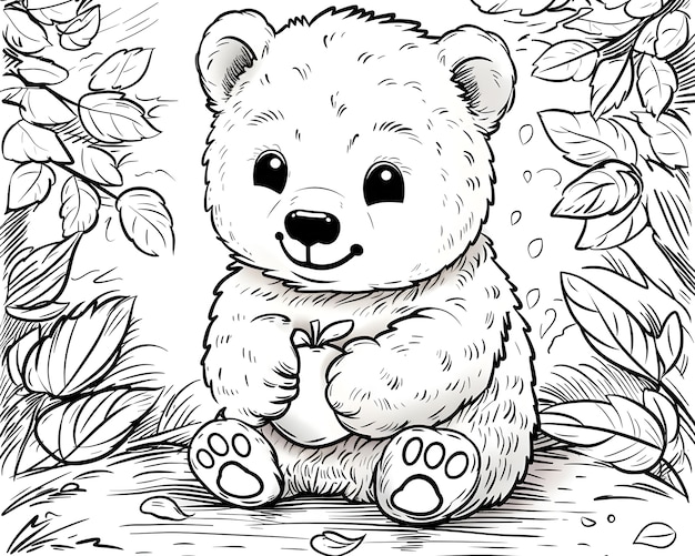 Иллюстрация на цветной странице монохромного рисунка медведя