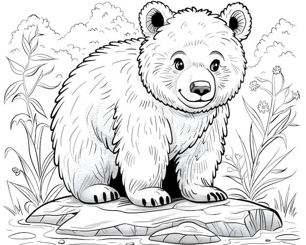 Foto gratuita illustrazione di pagina da colorare per l'orso a linea monocromatica