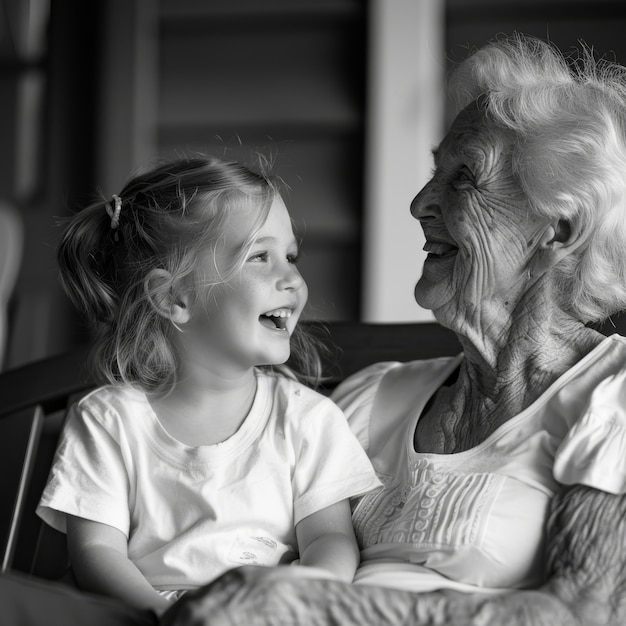 Foto gratuita ritratto monocromatico di una nonna con un nipote che celebra il giorno dei nonni