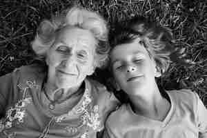 Foto gratuita ritratto monocromatico di una nonna con un nipote che celebra il giorno dei nonni