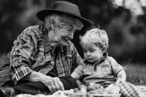 Foto gratuita ritratto monocromatico di una nonna con un nipote che celebra il giorno dei nonni