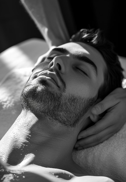 Monochrome portrait of man getting a massage