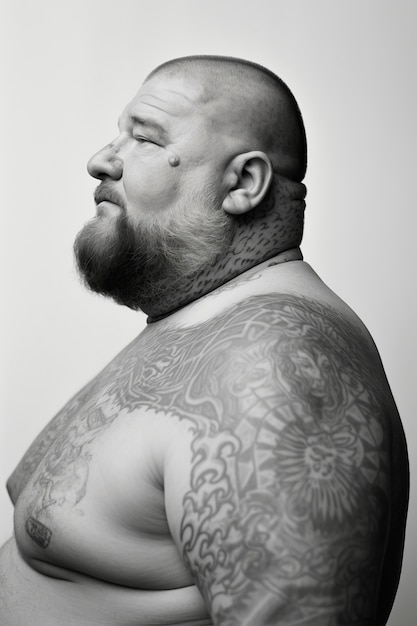 Monochrome portrait of man with tattoos