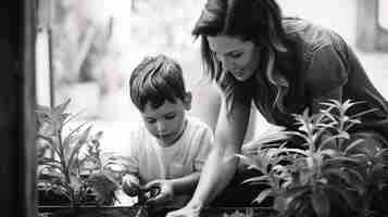 Free photo monochrome portrait of mother and son in the garden