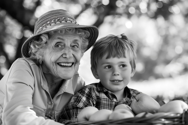 Бесплатное фото Монохромный портрет бабушки с внуком празднует день бабушки и дедушки