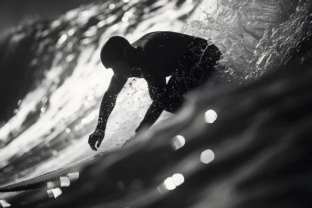 無料写真 波のなかでサーフィンをしている人のモノクロム肖像画