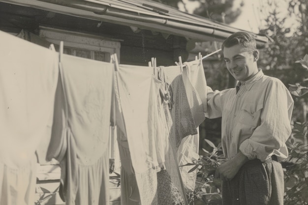 無料写真 monochrome portrait of retro man doing housework and household chores