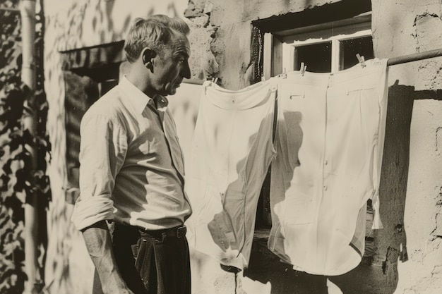 무료 사진 monochrome portrait of retro man doing housework and household chores