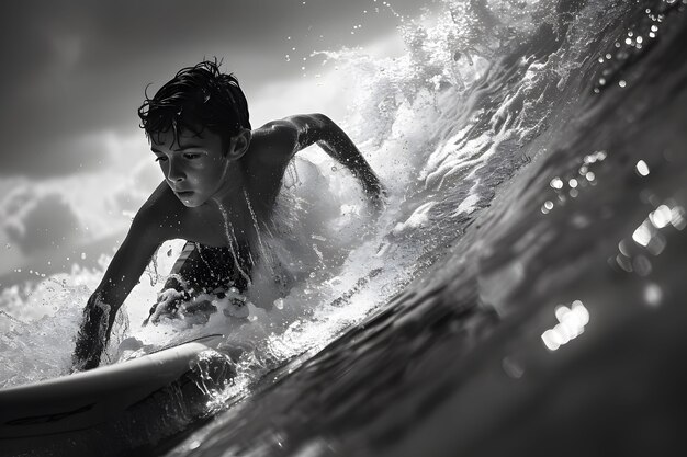 Monochrome portrait of person surfing amongst the waves