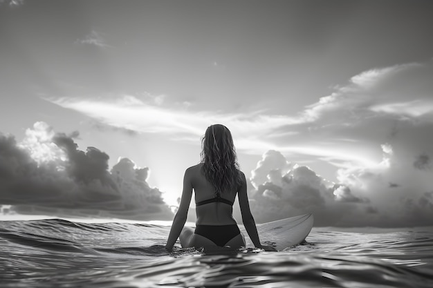 Foto gratuita ritratto monocromatico di una persona che fa surf tra le onde