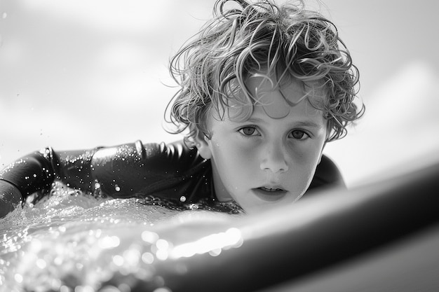 Monochrome portrait of person surfing amongst the waves