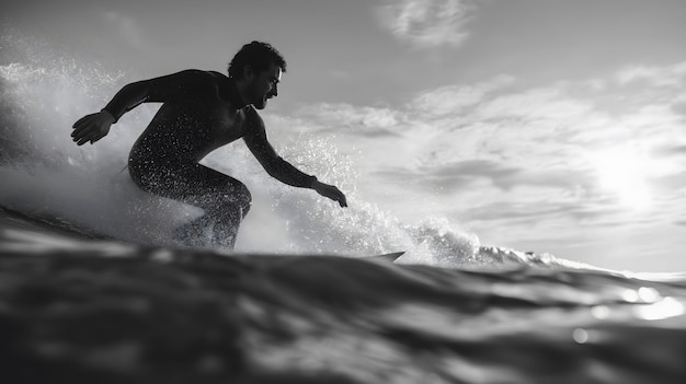 Monochrome portrait of person surfing amongst the waves