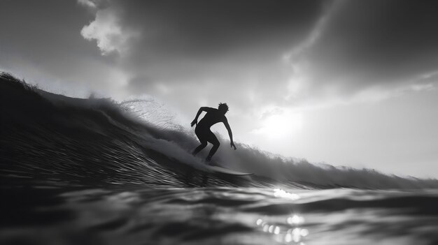 파도 사이 에서 서핑 하는 사람 의 단색 초상화