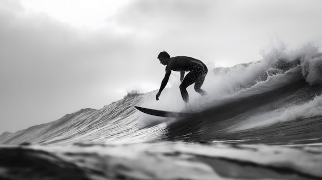 Monochrome portrait of person surfing amongst the waves