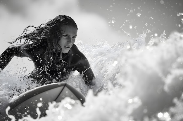 Monochrome portrait of person surfing amongst the waves