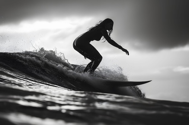 Monochrome portrait of person surfing amongst the waves