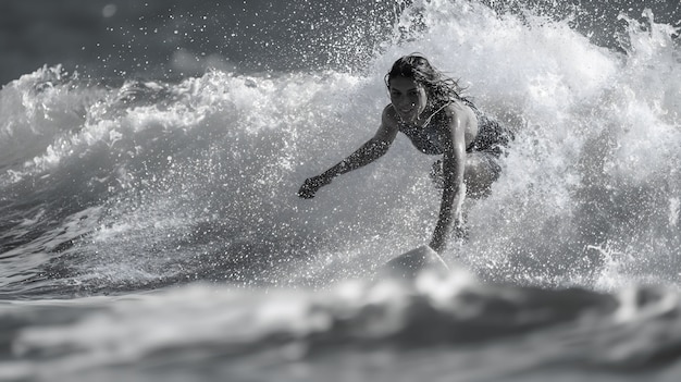 Monochrome portrait of person surfing amongst the waves