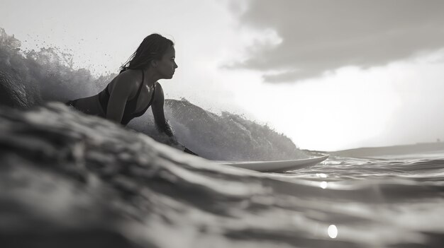 Monochrome portrait of person surfing amongst the waves