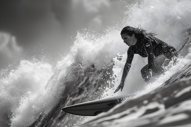 波のなかでサーフィンをしている人のモノクロム肖像画