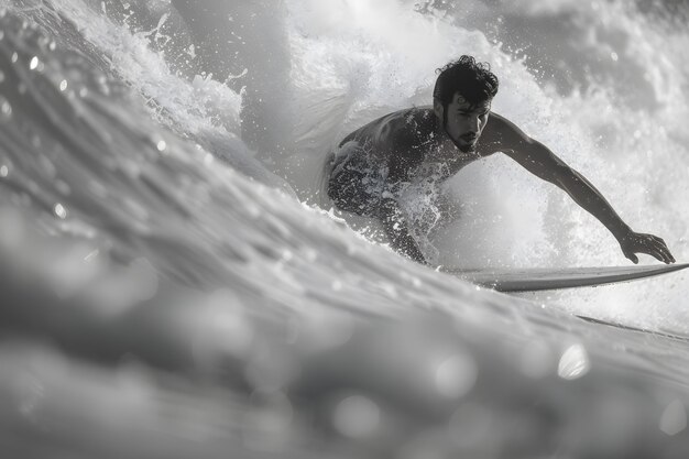 Monochrome portrait of person surfing amongst the waves